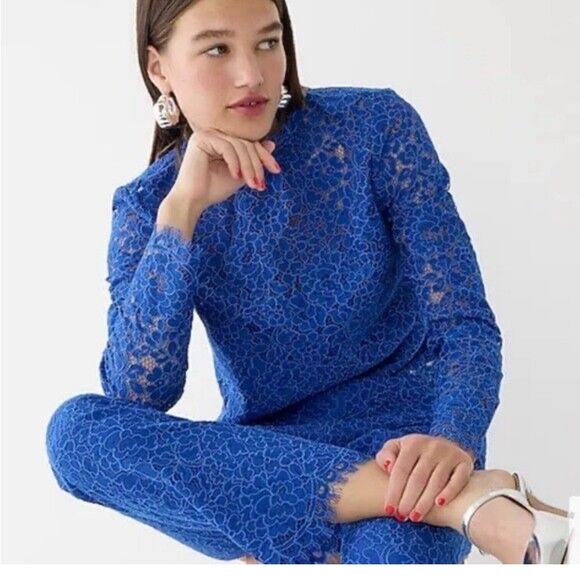 J. Crew Scalloped Lace Mockneck Top Floral Long Sleeve Blouse Cobalt Size 4 - Picture 1 of 11